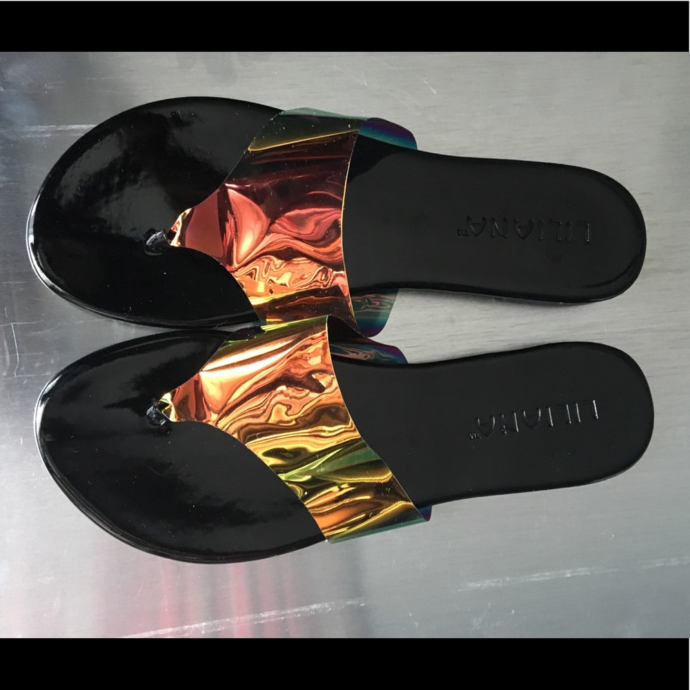 Liliana black hologram sandals. New w/box, unworn.